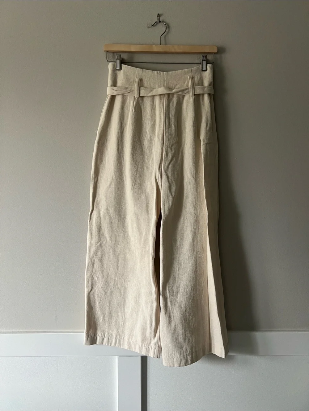 Zara Cream High Rise Wide Leg Belted Trousers Pants Size S